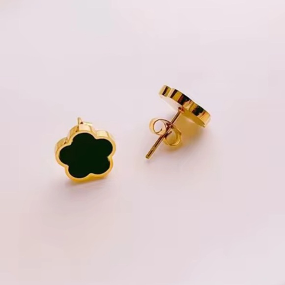 Gold and Black Clover Stud Earrings Post back von Cleef style - Picture 3 of 6